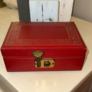 Small Vintage Mid Century Red Jewelry Box with Gold Accents